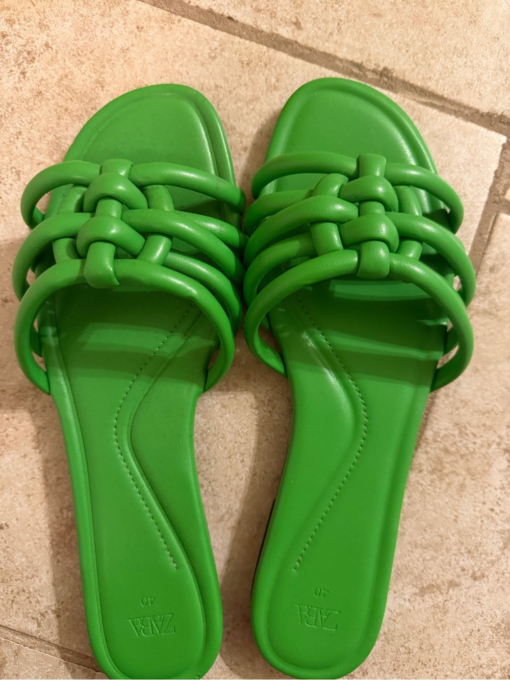 Zara Bright Green Braided Strap Slide Sandals